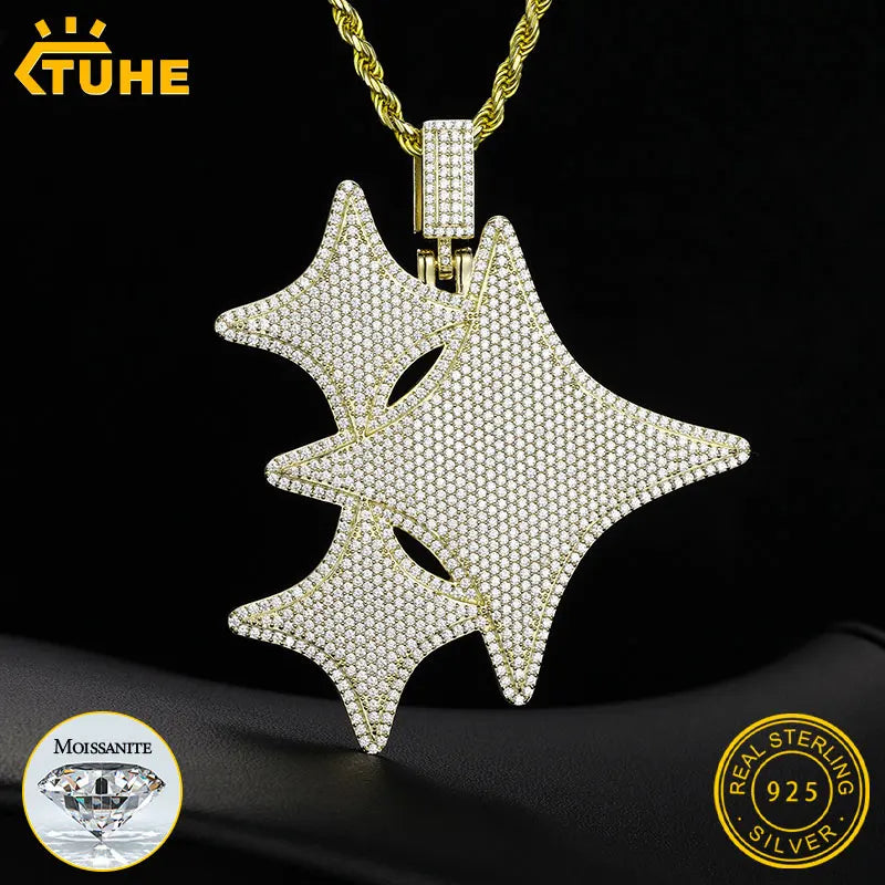 TUHE Unisex S925 Sternanhänger-Halskette mit Moissanit-Eis in Gold- und Silberfarbe – Schmuck für Herren im Hip-Hop-Stil