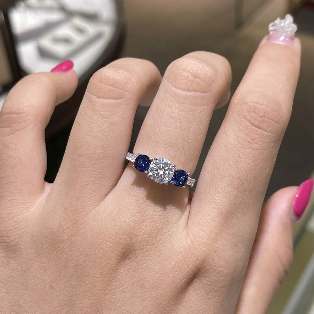 Serenity Lab Cultured Sapphires Diamond Row Rings Women Gift Solid 925 Silver 1.25ct D Color Moissanite Rings Plated 18K Jewelry - Madeinsea©