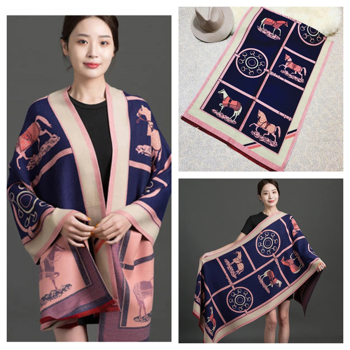 Women's Autumn Winter Horse Pattern Scarf New Luxury Cashmere Feeling Large Blanket Wrap Soft Warm Brand Shawl Retro & Classical - Madeinsea©
