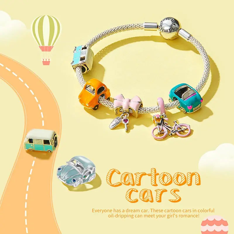 WOSTU 925 Sterling Silver Cartoon Bus Charm Beetle Car Bead Pink Bicycle Pendant Fit Bracelet Necklace Girl Birthday DIY Jewelry