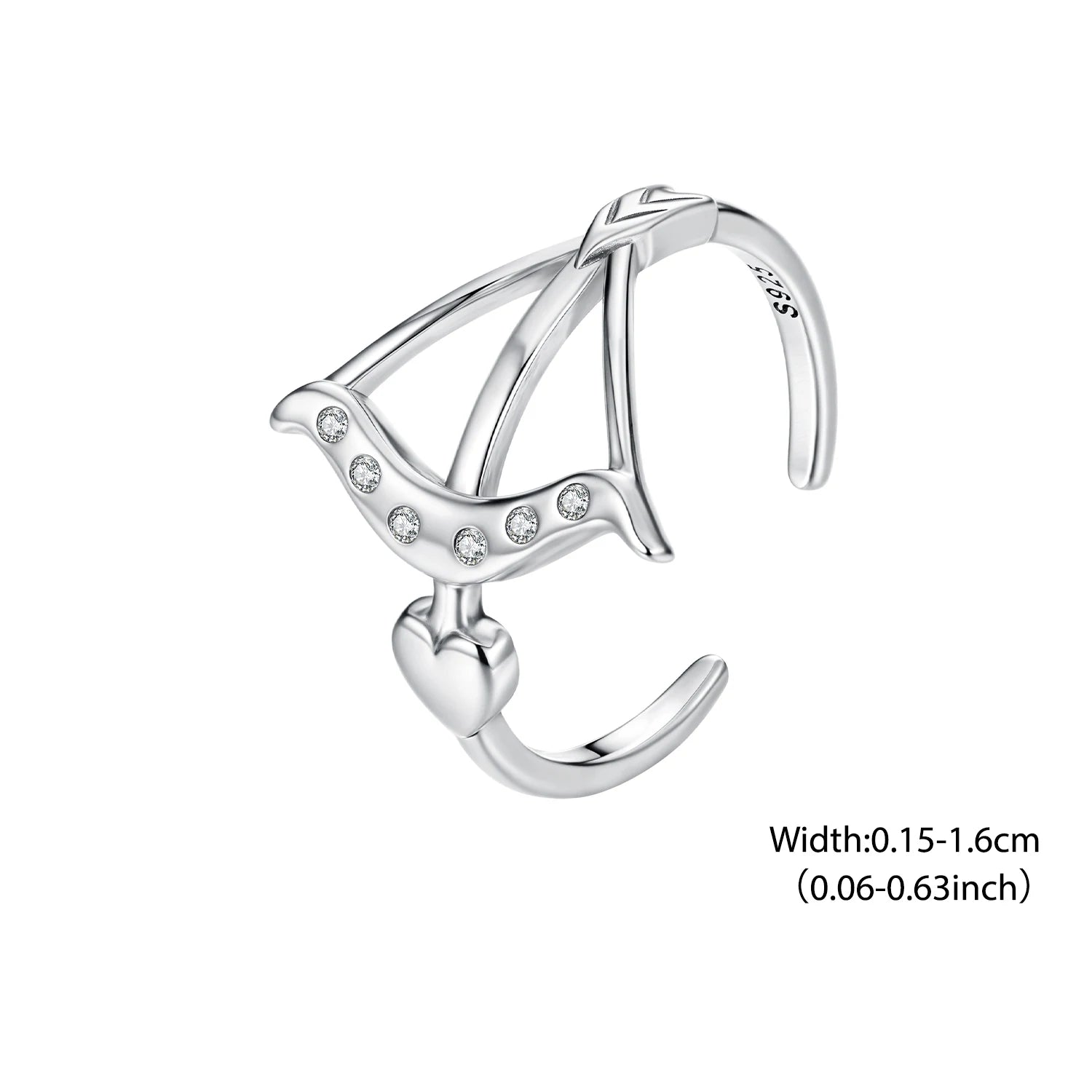 BISAER 925 Sterling Silver Heart Arrow Open Ring Adjustable Eternity Band for Women Engagement Wedding Fine Jewelry ECR1132-E