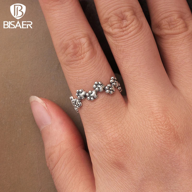 BISAER 925 Sterling Silver Paw Print Open Ring Hollow Pet Paws Band Adjustable Size 5-9 for Women Party Original Fine Jewelry