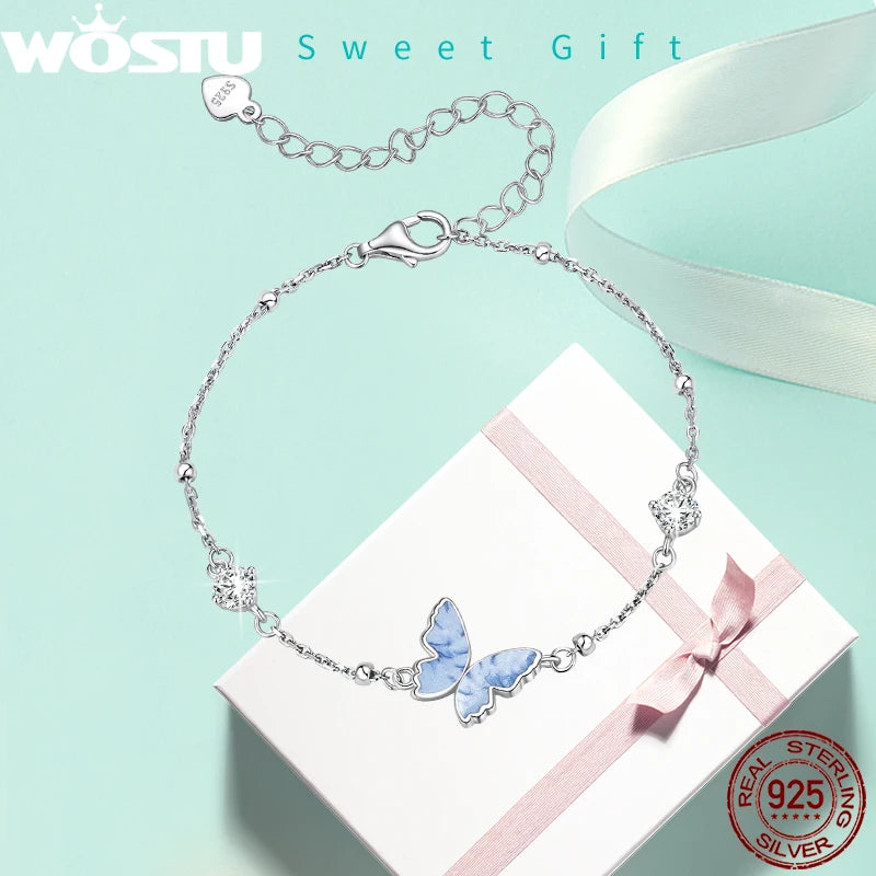 WOSTU 925 Sterling Silver Blue Butterfly Charm Bracelet for Women, Shiny Zircon Beaded Chain Links Enamel process Insect Jewelry