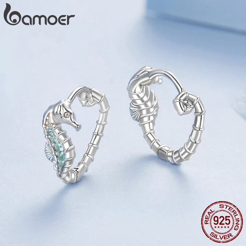 BAMOER Niedliche Seepferdchen-Ohrringe aus 925er Sterlingsilber, kleine runde Creolen für Damen BBSE1176