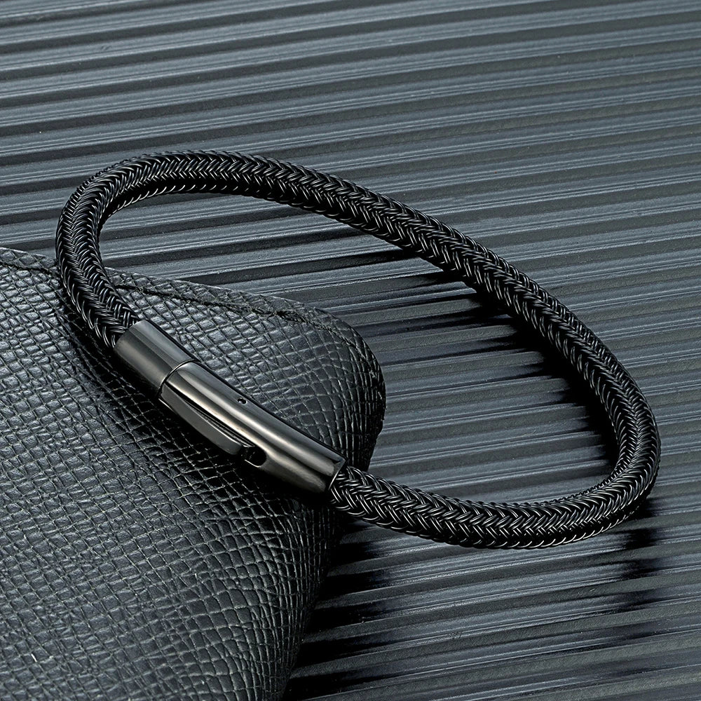 MKENDN Classic Men Women Jewelry Black Non-fading Steel Wire Rope Bracelet Classic Cuff Charm Button Bracelet for Couple Jewelry