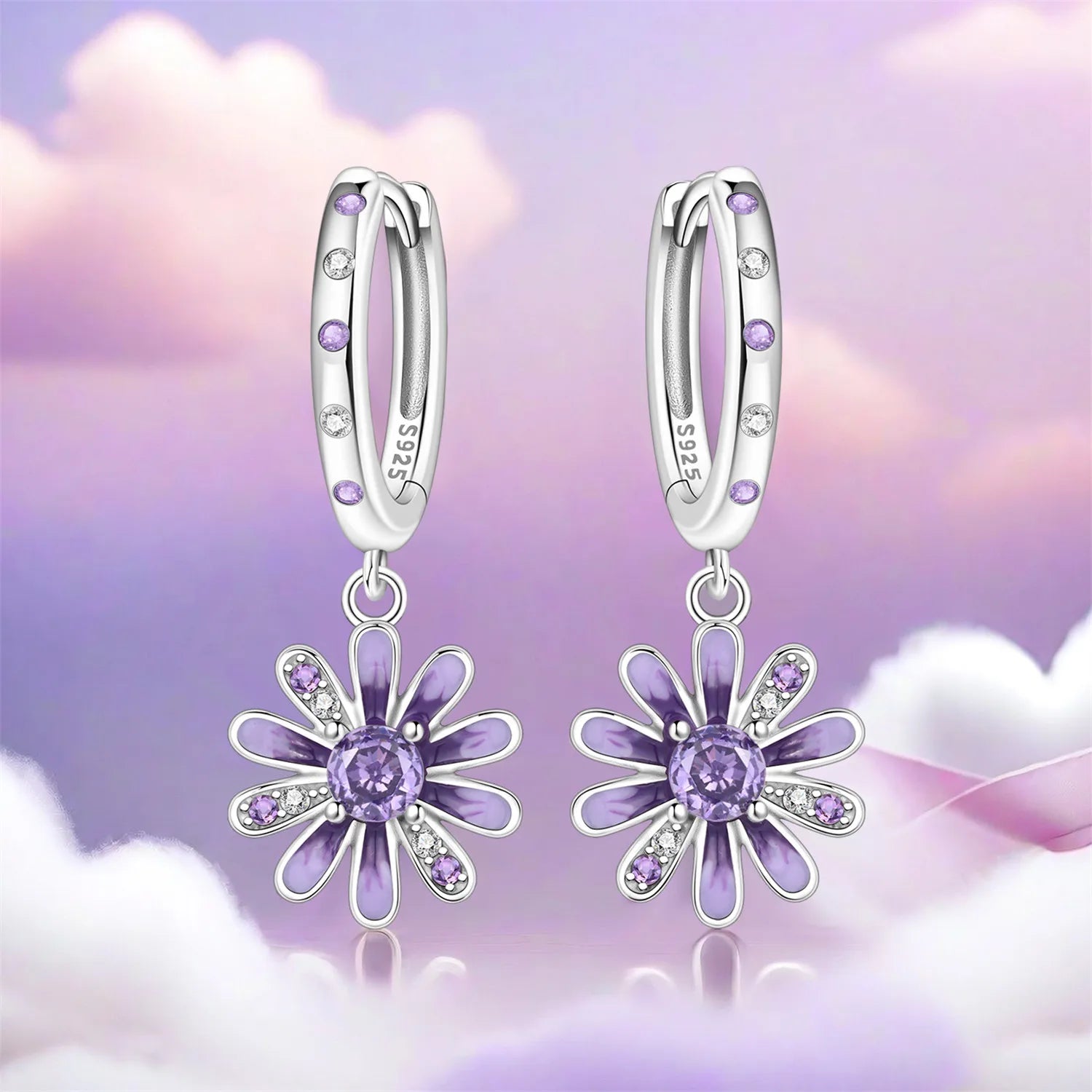 PANPOKI 925 Sterling Silver Purple Daisy Flower Drop Earrings Women Earrings Charm Trend Versatile Party Jewelry Gifts