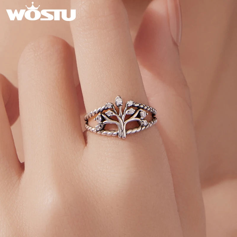 WOSTU Tree of Life Ring 925 Sterling Silver Open Adjustable Ring,  Women AAA cubic zirconia Vintage Twist Rope Rings Family Gift