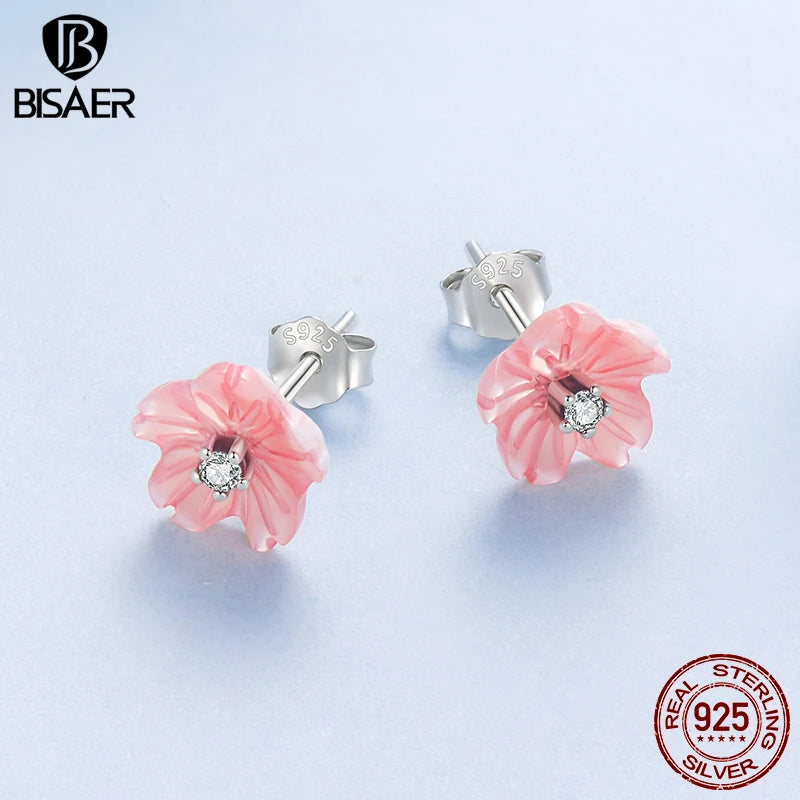 BISAER 925 Sterling Silver Sakura Pink Shell Stud Earrings Flower Hypoallergenic Stud Ear for Women Party Fine Jewelry EFE1190