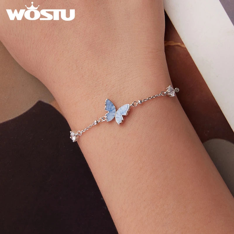 WOSTU 925 Sterling Silver Blue Butterfly Charm Bracelet for Women, Shiny Zircon Beaded Chain Links Enamel process Insect Jewelry
