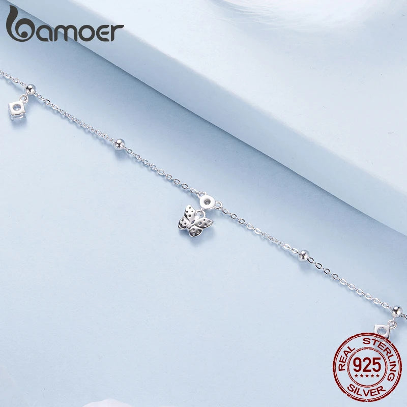 BAMOER 925 Sterling Silber Schmetterlings-Fußkettchen mit Zirkonia-Besatz und Perlen für Damen und Mädchen, leichter Fußschmuck