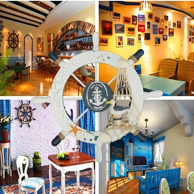 Nautical Mediterranean Ship Rudder Decor Wooden Boat Wheel Helm Home Living Room Craft Accessory