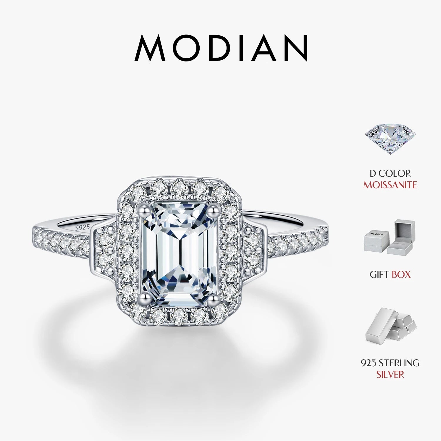 MODIAN 1CT Emerald Cut Moissanite Halo Rings 925 Sterling Silver Luxury Finger Rings For Women Wedding Statement Fine Jewelry