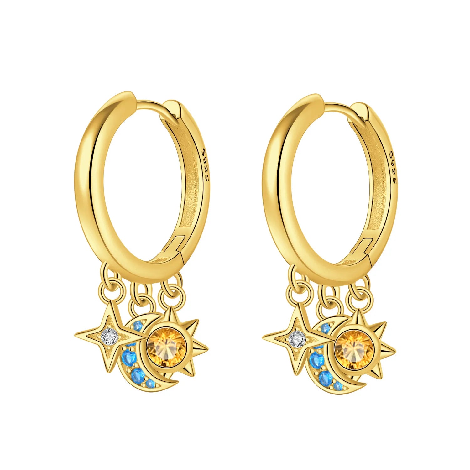 PANPOKI 925 Sterling Silver Golden Sparkling Stars Drop Earrings Women Earrings Charm Fashion Versatile Party Jewelry Gifts