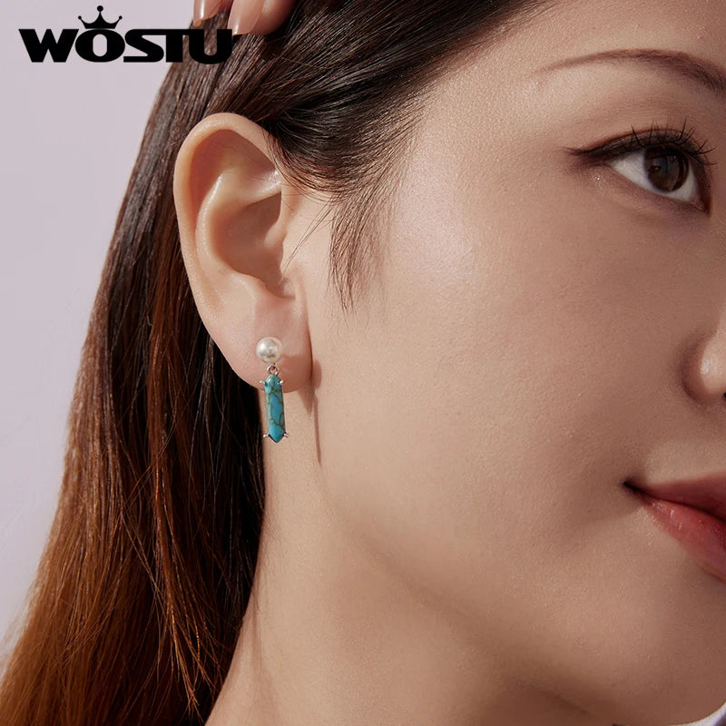 WOSTU 925 Sterling Silver Pearl &Turquoise Drop Dangle Earrings for Women Elegant s925 Silver Party Holiday Jewelry Gift