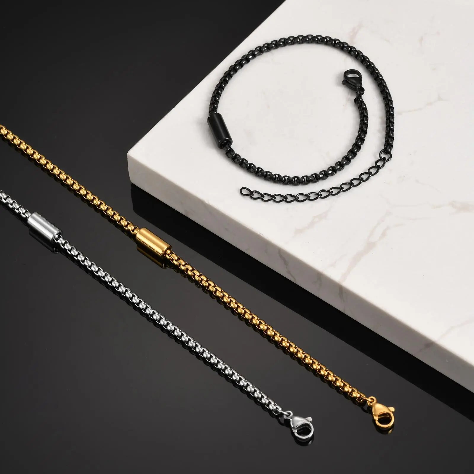 Vnox Waterproof Stainless Steel Tube Charm Bracelets for Men Dad,Adjustable 3mm Box Link Chain Bracelet, Fashion Jewelry