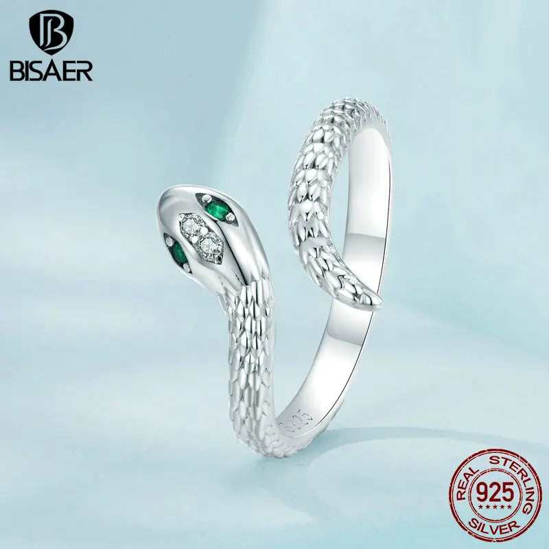 BISAER 925 Sterling Silver Viper Open Ring Size 5-9 Snake Green Zircon Eternity Band Plated Gold for Women Party Fine Jewelry