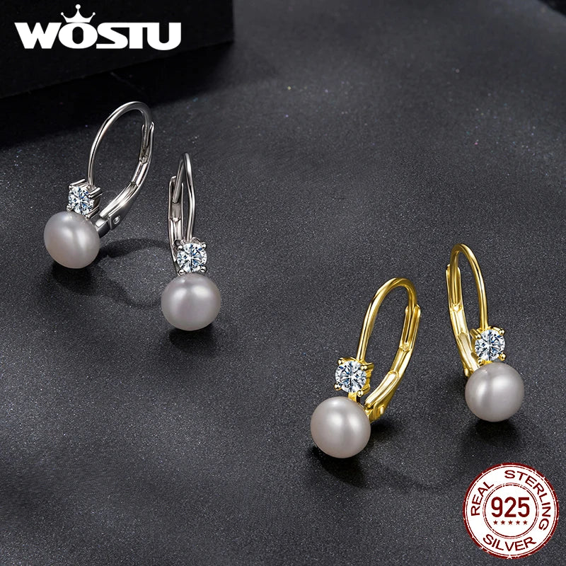 WOSTU Moissanite Natural Pearl Stud Earrings Lab Diamond 925 Silver 18K Gold Women Wedding Drop Hoops Gift For Lover Daughter