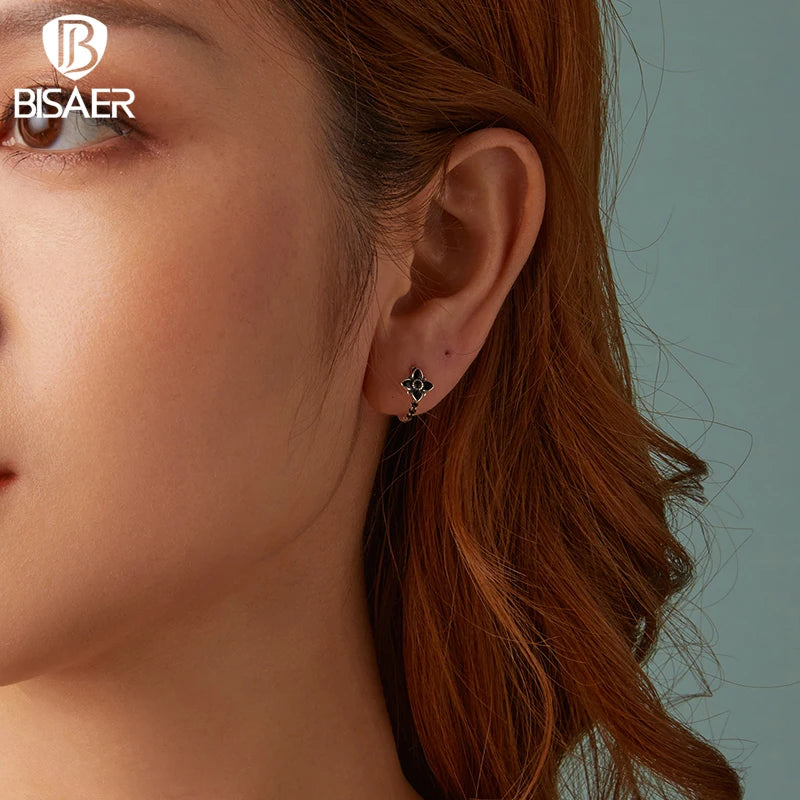BISAER Boucles d'oreilles à tige en argent sterling 925 véritable avec fleur de nuit vintage en émail noir pour femme, bijoux fins de fête