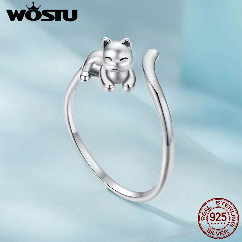 WOSTU 925 Sterling Silver 3D Dachshund Dog Cat Open Ring Women Cut Pet Paw Adjustable Rings Fine Jewelry Animal Lover Girl Gifts