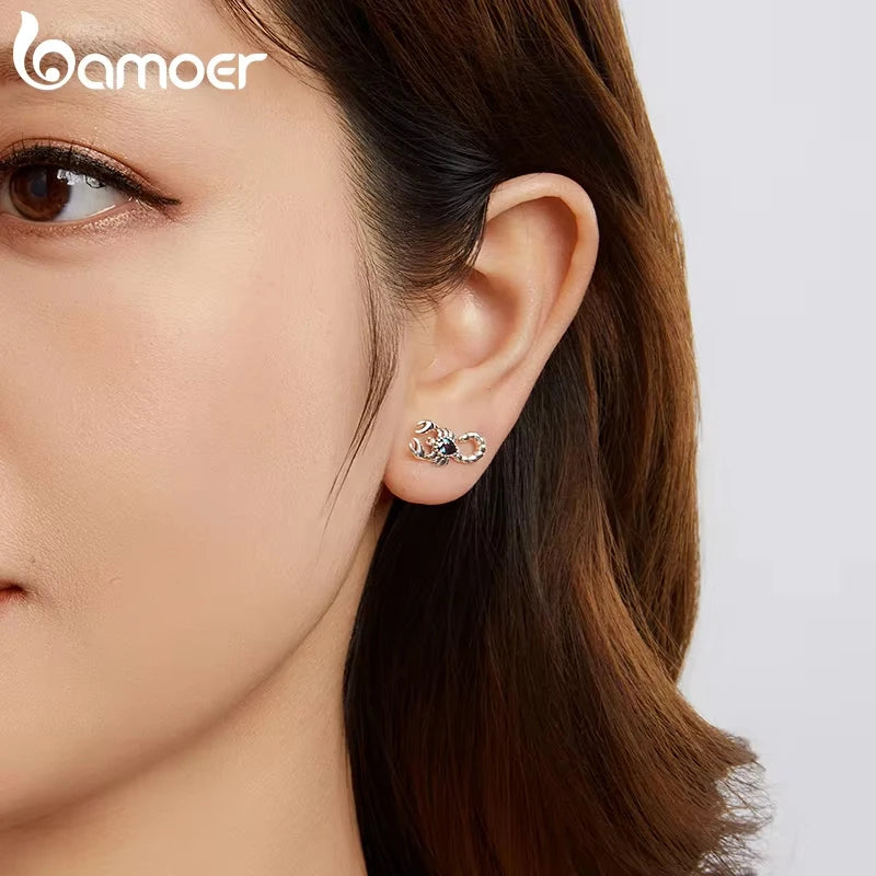 BAMOER 925 Sterling Silver Vintage Scorpion Stud Earrings for Women Girls, Animal Theme Punk Jewelry Hypoallergenic Earrings
