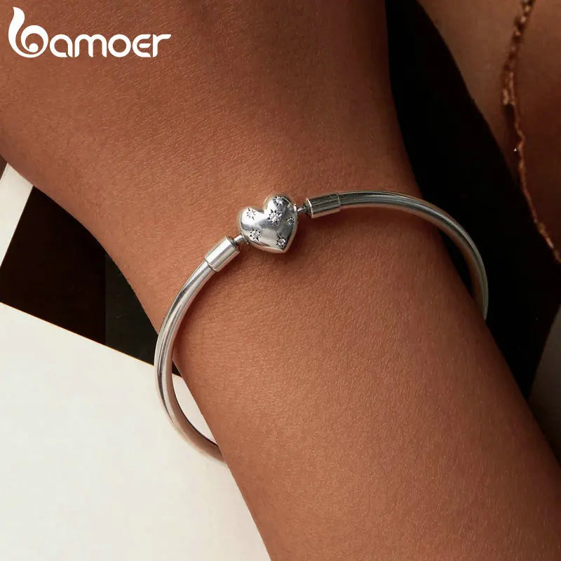 BAMOER Authentisches 925 Sterling Silber Charm Armband, klassisches Herz/Muschel Basic Armreif für Frauen Charm Perlen DIY Schmuck BSB192