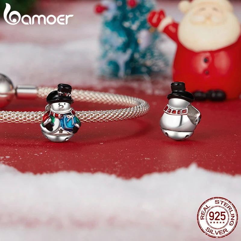BAMOER Solid S925 Silver Xmas Snowman Charm Bead fit Original Bracelet DIY Bamoer Charm for Jewelry Making Christmas Gift