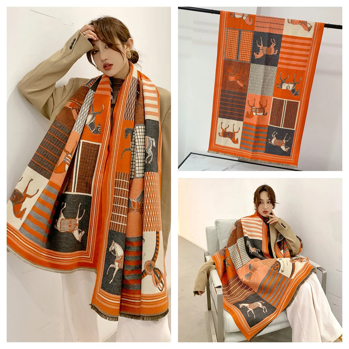 Women's Autumn Winter Horse Pattern Scarf New Luxury Cashmere Feeling Large Blanket Wrap Soft Warm Brand Shawl Retro & Classical - Madeinsea©