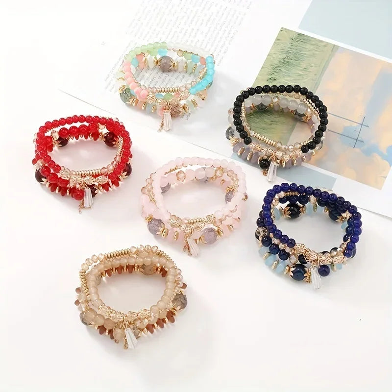 4pcs set Bohemian Versatile Bracelets Beaded Stretch Wristband Gifts Multi-layer Crystal Agate Bracelet Summer Fashion Jewelry