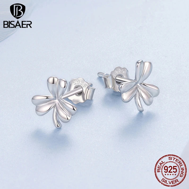 BISAER 925 Sterling Silver Mini Clover Stud Earrings,Lightweight Hypoallergenic Stud Ear for Lucky Woman Party Fine Jewelry