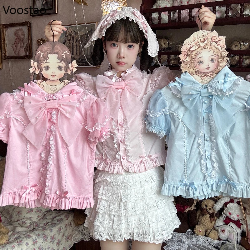 Japanese Vintage Elegant Lolita Shirt Women Classical Sweet Long Sleeve Ruffles Bow Casual Blouses Tops Victorian Gothic Blusas
