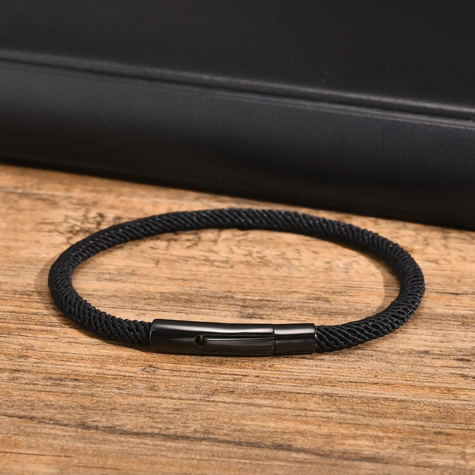 Bracelet Vnox Simple Classic noir à maillons en corde de Milan pour hommes et garçons, fermoir à boucle en acier inoxydable, bijou de poignet