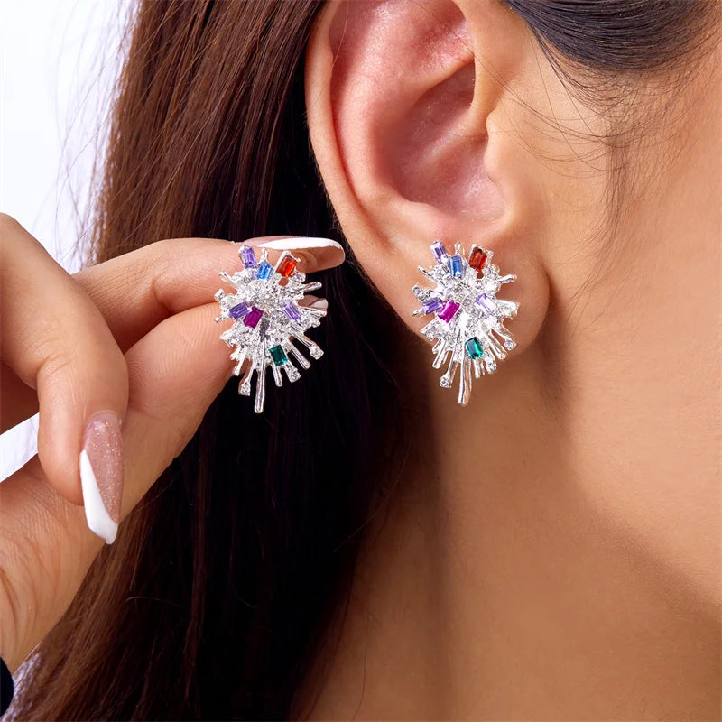 Sparking Snowflake Firework Stud Earrings For Women Girls Rhinestone Exquisite Zircon Piercing Earring Girls Party Charm Jewelry