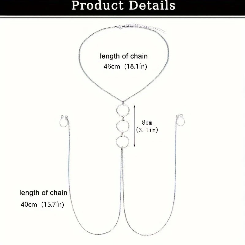 A Silvery Stainless Steel Body Chain With A Sexy Nipple Ring And Chain, A Fake Nipple Ring, Ladies' Jewelry.