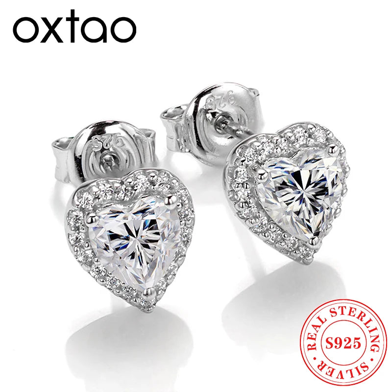 OXTAO 5mm D Color Moissanite Earrings For Women Wedding Bridal S925 Silver Heart Cut Halo Stud Earring Anniversary Jewelry Gift