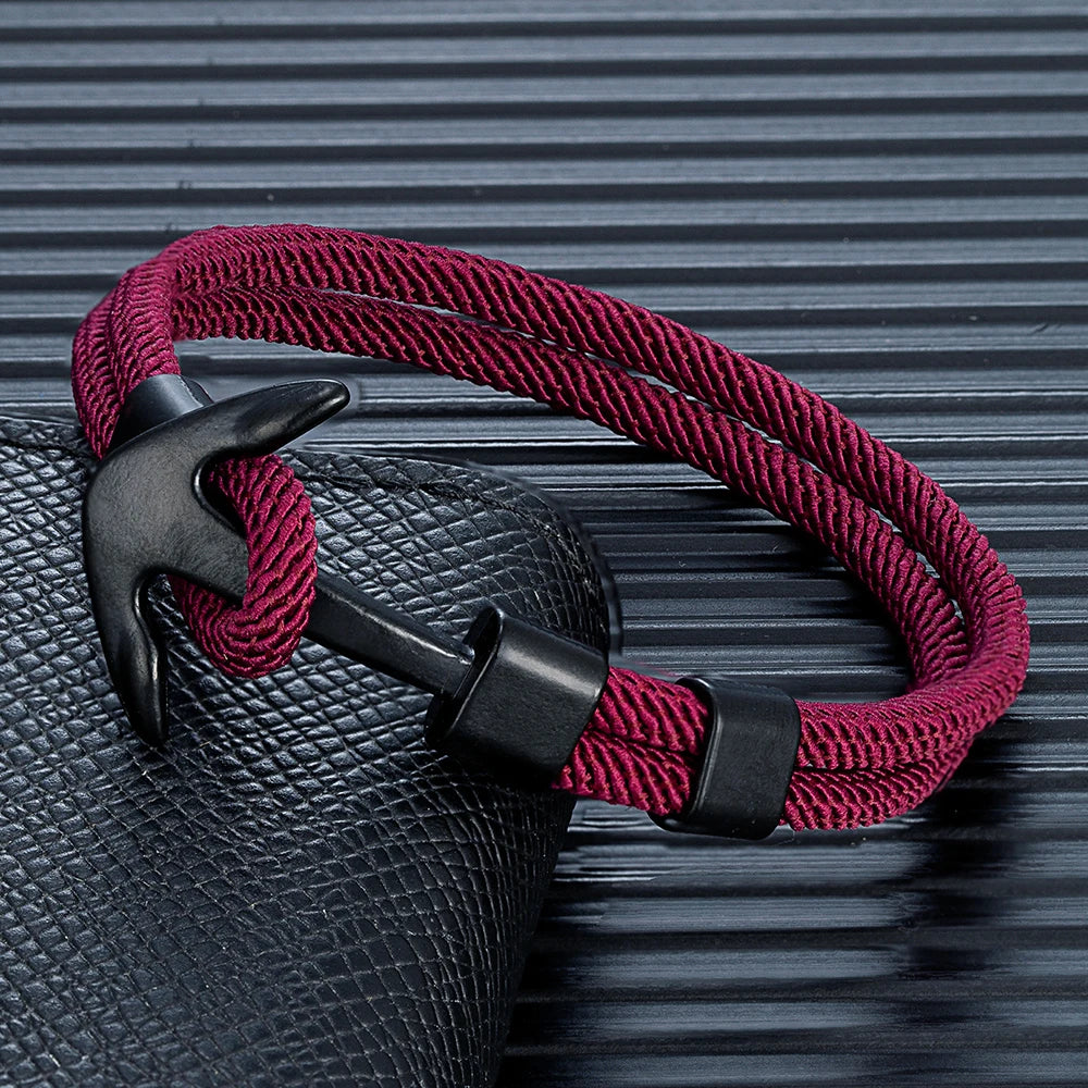 MKENDN Anker-Armbänder für Herren, doppelsträngiges nautisches Überlebensseil-Armband für Damen, schwarze Sportschnalle, wasserdichter Schmuck