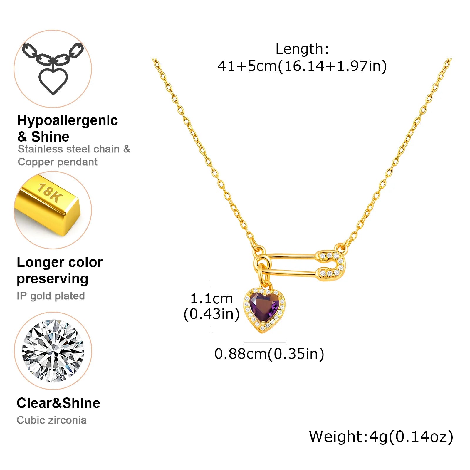 Vnox Dainty Stainless Steel Zircon Heart U-shape Necklace For Women,Creative Love Colored Stone Pendant,Aesthetic Jewelry Neck