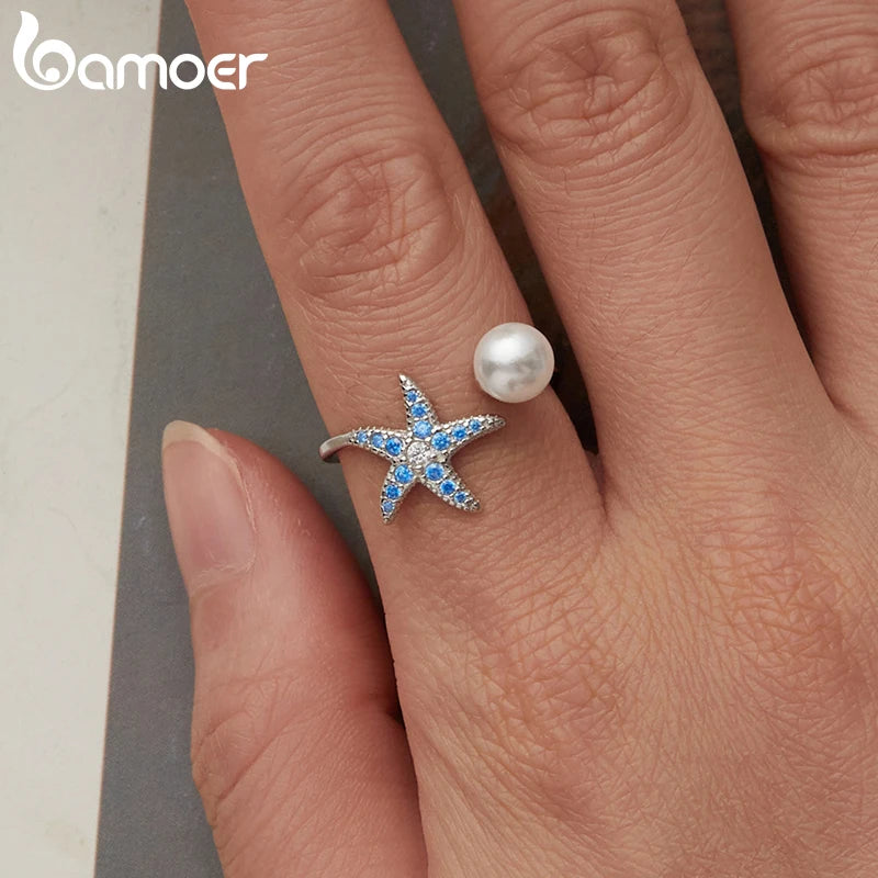 BAMOER 925 Sterling Silber Seestern-Perlenring, Stapelring, niedliche Tiermotive, verstellbarer offener Ring, Geburtstagsgeschenk