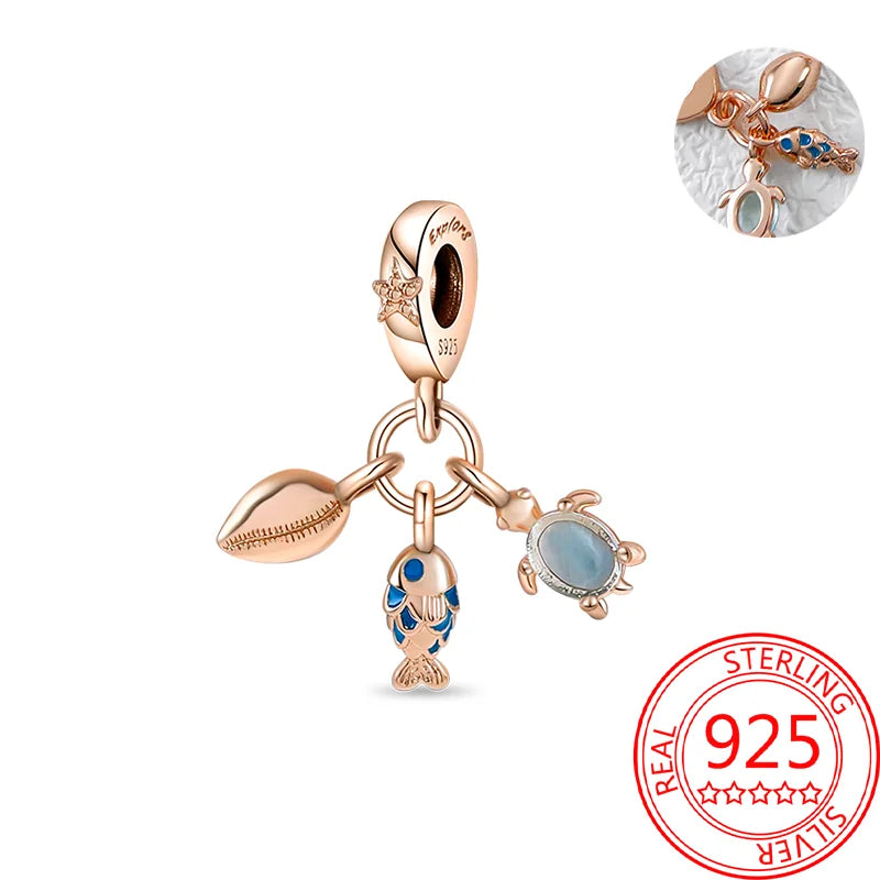 925 Sterling Silver Real Rose Gold Pink Octopus Summer Turtle Heart Dangle Charm Fit Original Bracelet Necklaces Bracelet Girl