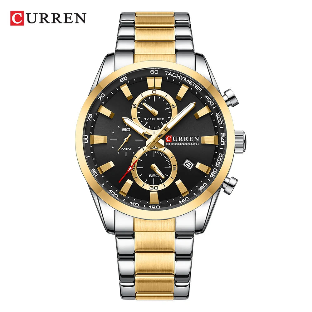CURREN Casual Sporty Brand Stainless Steel Band Wristwatches for Men New Chronograph Quartz Watches with Date 8445