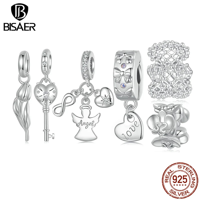 BISAER 925 Argent Sterling Ange Gardien Charm Perle Tulipe Coeur Clé Noeud Bouchon Pendentif Fit Femmes DIY Bracelet Bijoux Cadeau