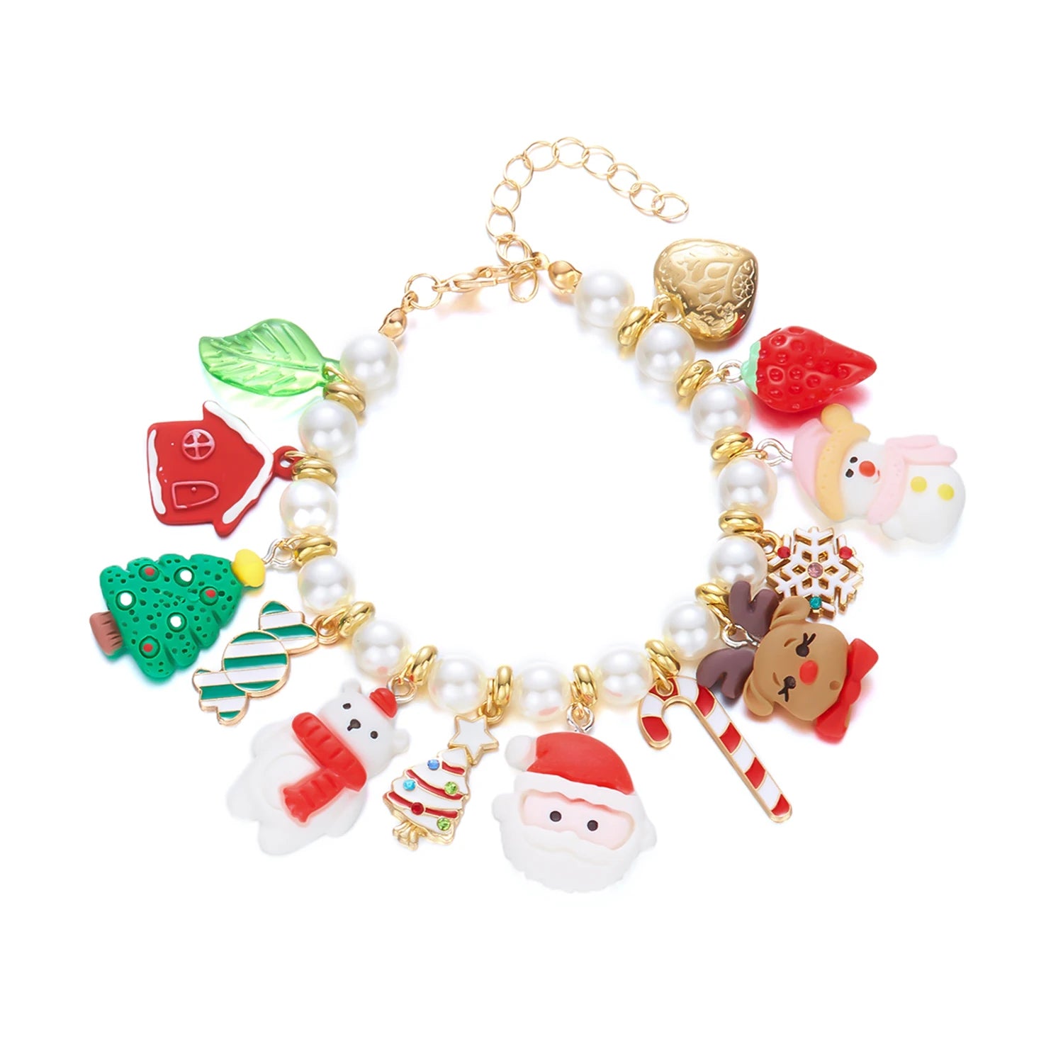 Exquisite Imitation Pearl Christmas Bracelet For Women Santa Claus Snowman Xmas Tree Red Strawberry Metal Chain Bracelet Jewelry