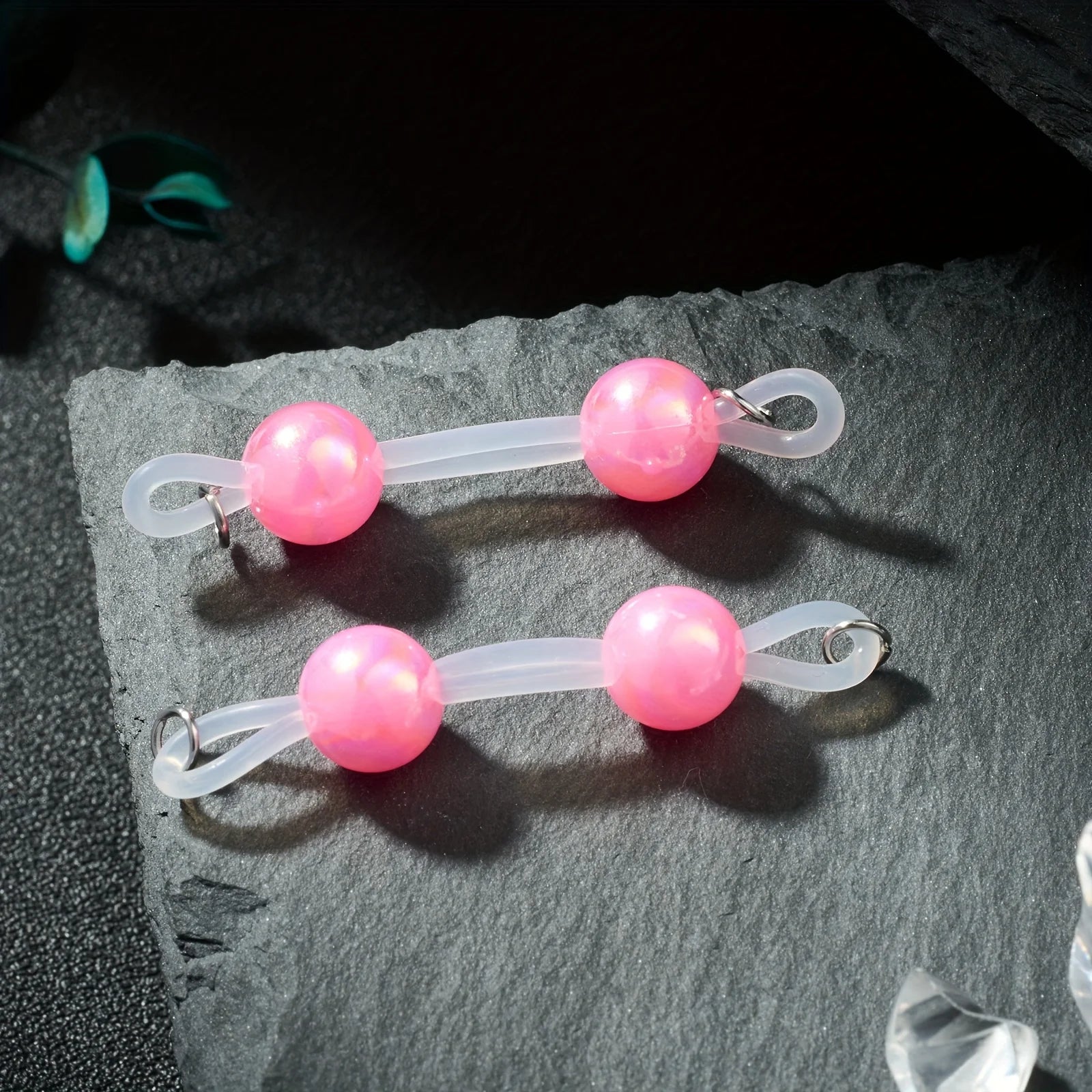 No-Piercing Bead Chains - Pastel Purple, Pink, Iridescent Pink/Blue/Purple/, Adjustable Silicone Rings, Clip-On Jewelry