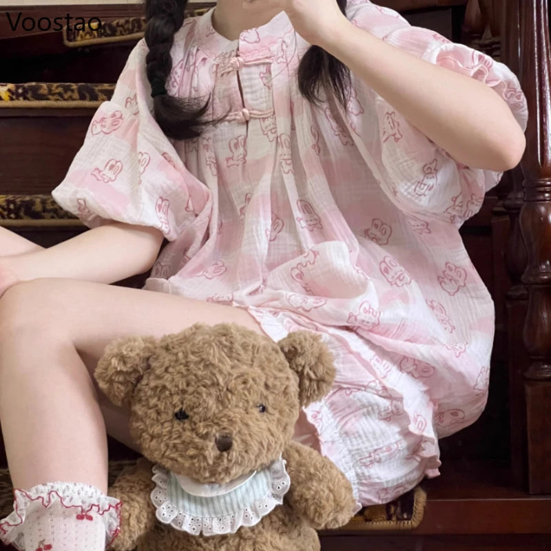 Kawaii Lolita Style Bunny Print Pajamas Set Girly Cute Short Sleeve Tops Shorts Suit Women Casual Princess Homewear Pijama Mujer