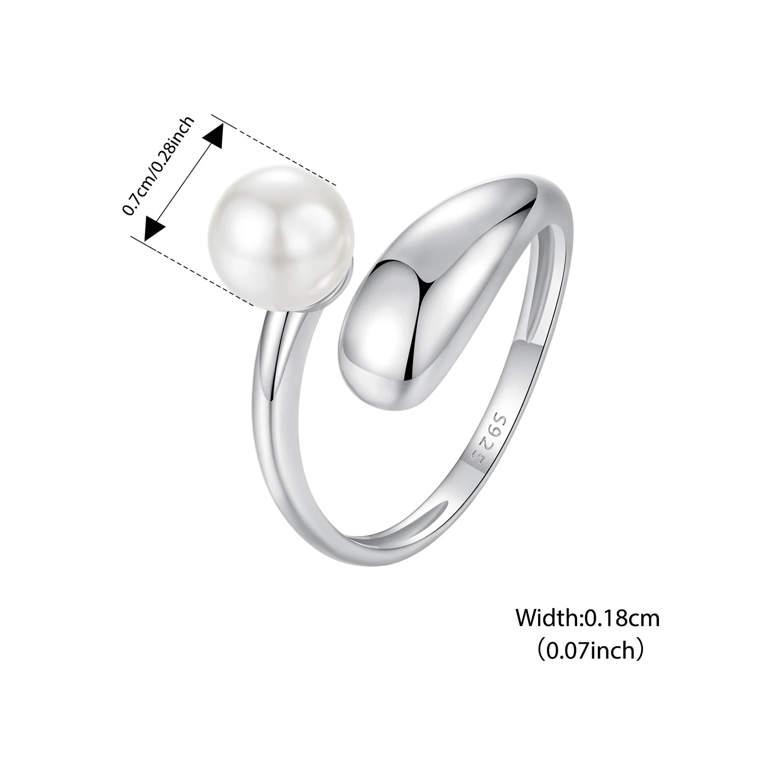 BISAER 925 Sterling Silver Pearl Open Ring Minimalist Metal Adjustable Band Plated White Gold for OL Women Party Fine Jewelry