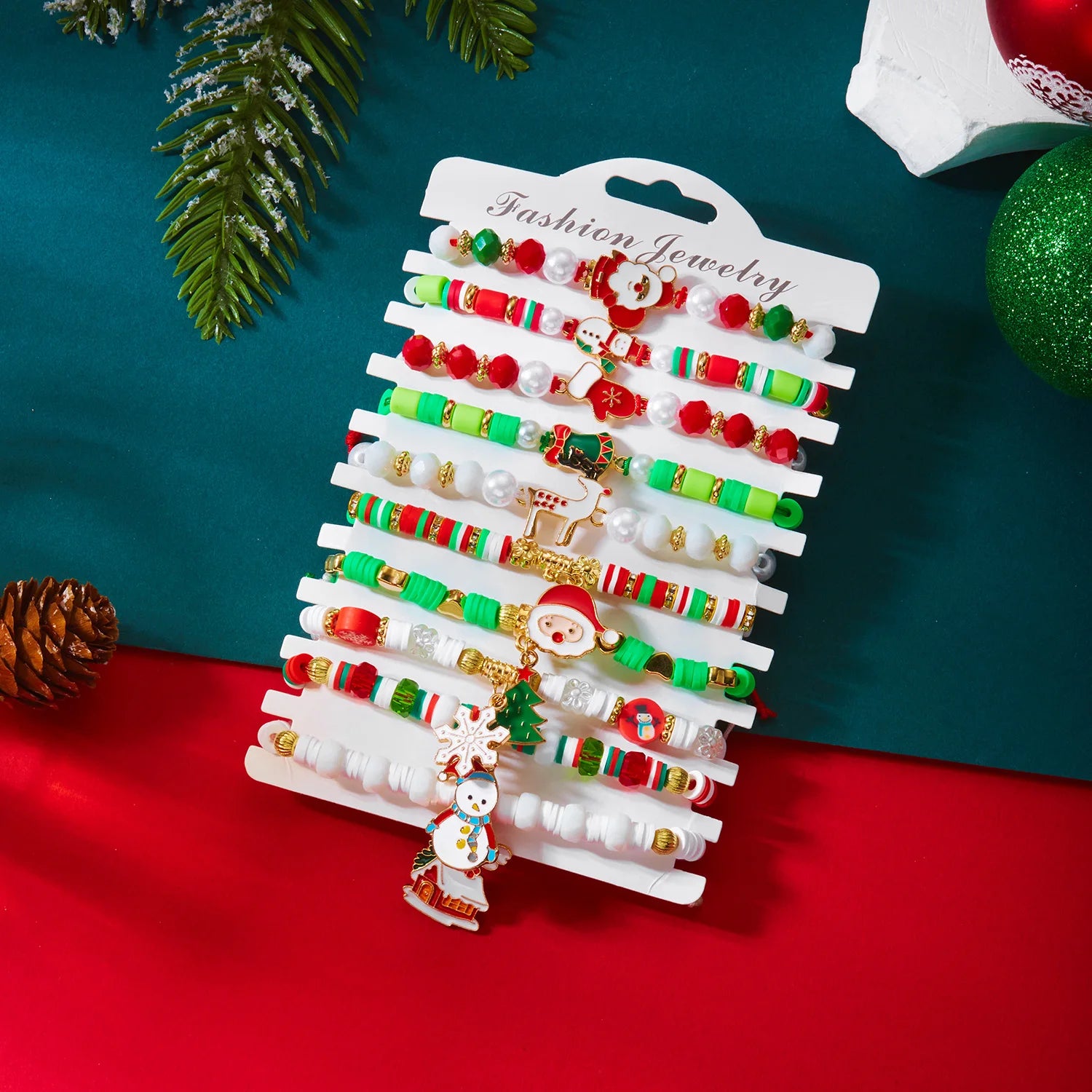 10 Pcs Christmas Colorful Beaded Bracelet Set For Women Santa Claus Xmas Tree Snowflake Rice Beads Bangle Party Festival Jewelry