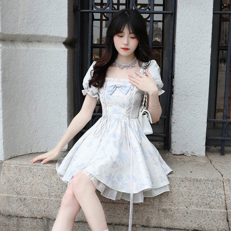 Sweet Lolita Style Princess Dress Women Elegant Square Collar Bow Puff Sleeve Party Mini Dresses Girls Korean Kawaii Print Dress