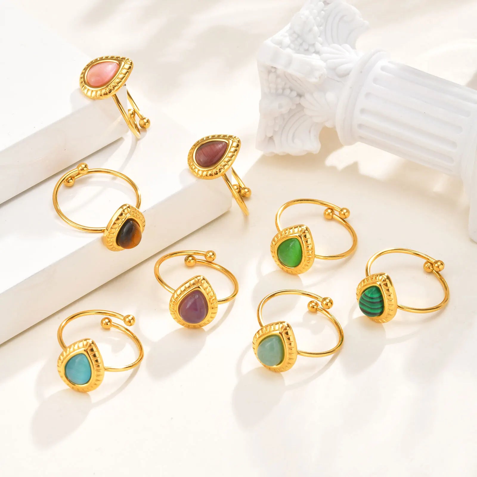 Vnox Dainty Water Droplets Opal Rings For Women Stainless Steel Colored Stone Aesthetic Open Rings Waterproof Finger Jewelry
