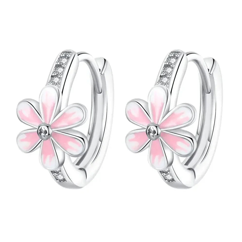 925 Sterling Silver Earrings Women Jewelry Butterfly Flower Pink Flowers Zircon Hoop Ear Studs Sparkling Earring Wedding Gift