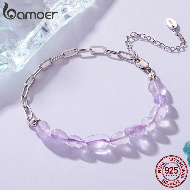 BAMOER 925 Sterling Silver Purple Crystal Bracelet Adjustable Bead & Chain Dual-Tone Wrist Chain for Women Teens Dainty Gift