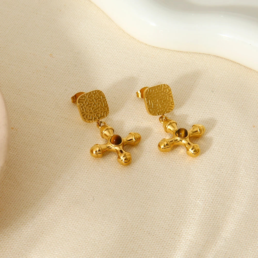 INS Trend 18 Karat vergoldete Naturstein-Kreuz-Ohrstecker mit wasserdichter Textur, Tropfenohrring, Damenschmuck, Geschenk